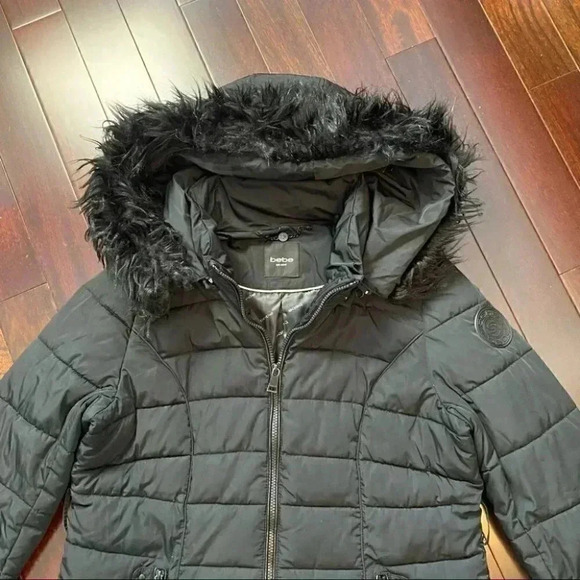 Bebe Long Quilted Winter Puffer Coat Faux Fur Trim Hood Black Size Large - Picture 10 of 16